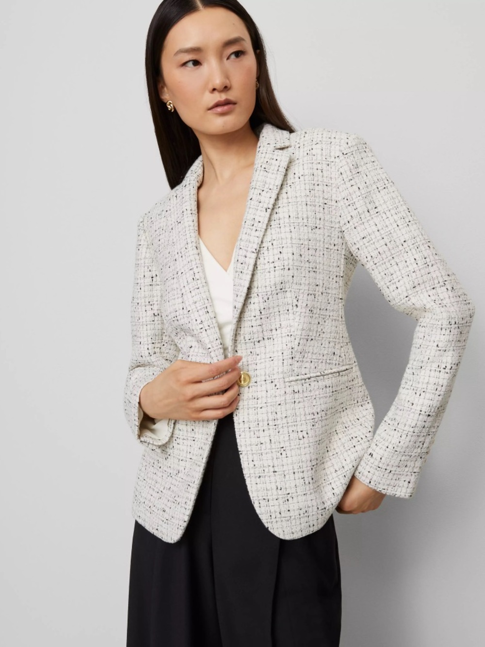 Ann Taylor Hutton Blazer Size 14 Black White Tweed One Button Jacket Office